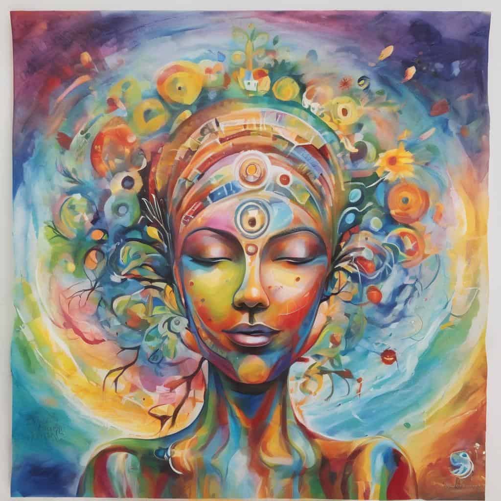 Αυτοβελτίωση μέσω τέχνης, πολύχρωμη αφηρημένη ζωγραφική με εμπνευσμένη γυναικεία μορφή.