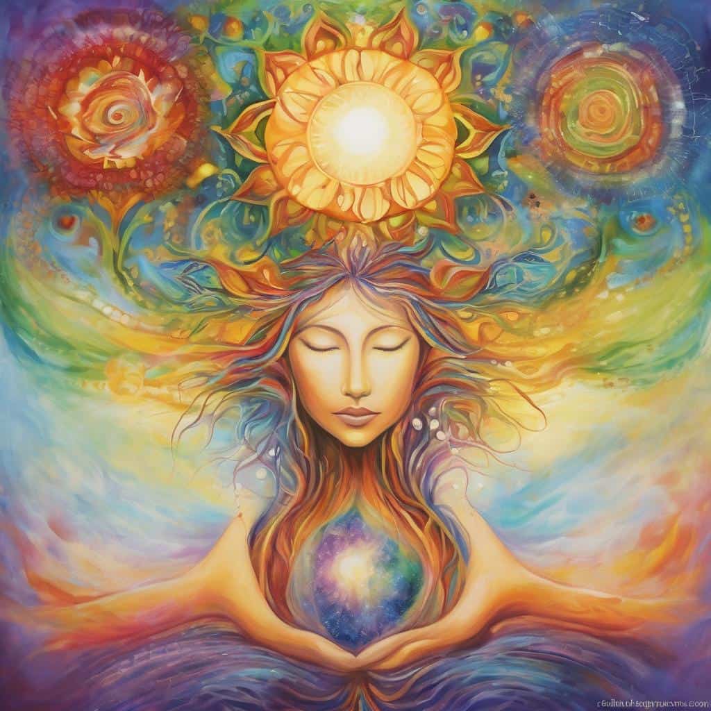 Ανθρώπινη φιγούρα με διαλογιστική στάση και λαμπερό ηλιακό σύμβολο, αναδεικνύοντας την προσωπική εξέλιξη και τέχνη.